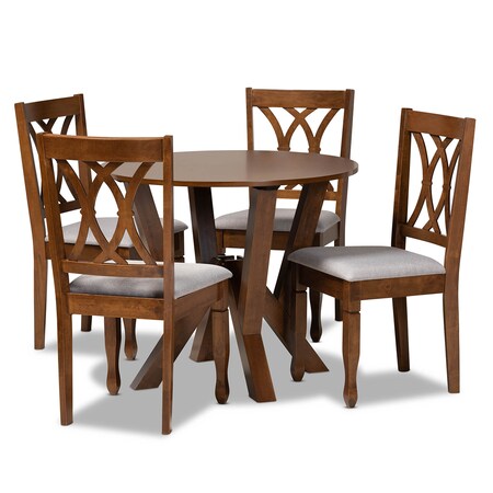 Baxton Studio Irene Grey Upholstered and Walnut Wood 5-Piece Dining Set 173-9882-10899